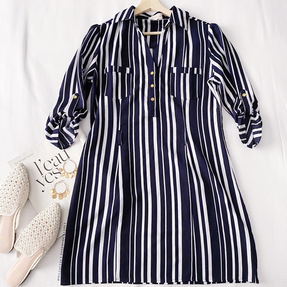 Navy Blue + White Vertical Stripe Shirtdress with Gold Buttons